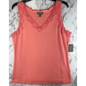 Style & Co Womens Size Medium Scallop Tank Top Salmon Rose Lace Trim 100% Cotton